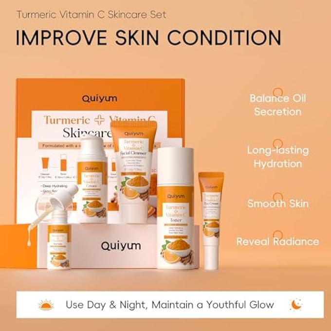 QUIYUM TURMERIC VITAMIN C SKIN CARE SET,5 PIECE GENTLE SKIN - TURMERIC CLEANSER,TONER,SERUM,EYE CREAM,MOISTURIZER,TO CLEANSES, SOOTHING, HYDRATING SKIN, SKIN CARE SET FOR ALL SKIN TYPE - Image 3